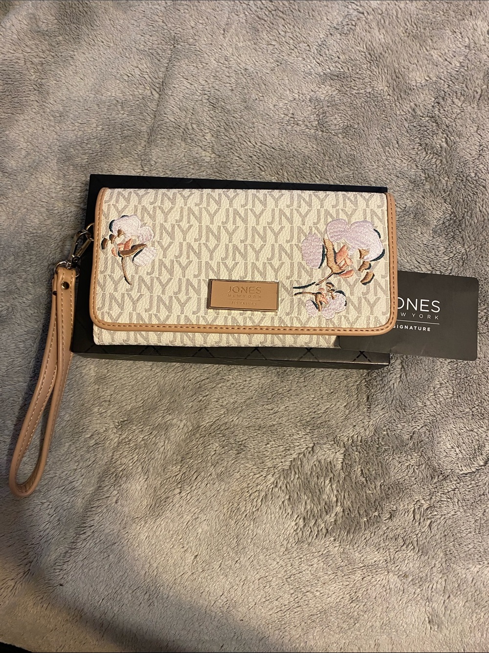 Jones New York Beige Logo Wristlet with Pink Floral Embroidery